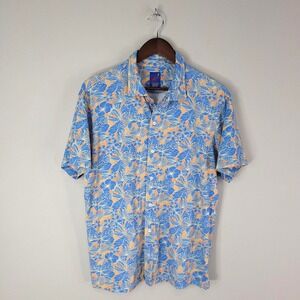 Michael's Shirt Mens Medium Blue Orange Floral Hawaiian Pima Cotton Stretch